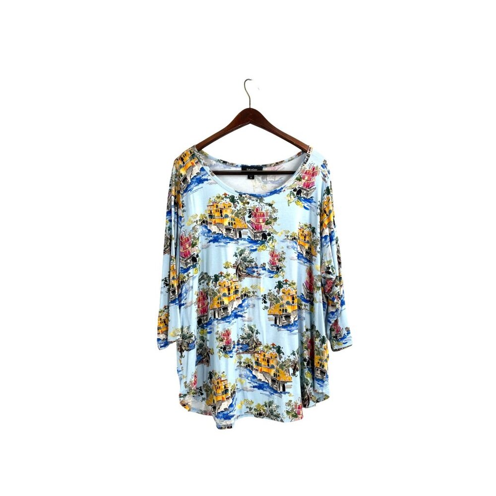 Karen Kane Womens Plus Size 3X On Holiday Blue Watercolor Jersey Tee Tunic Top